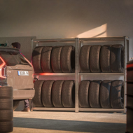 Regál na pneumatiky TYRE, 120x40x180cm, max 795kg, strieborná/bledohnedá