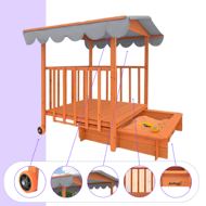 Pieskovisko s verandou HAPPY, 130x130x143 cm, hnedá/šedá