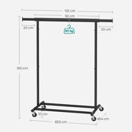 Stojan na oblečenie INEZ na kolieskach, max.90kg, 83,5x45x160cm, čierna