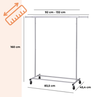 Stojan na oblečenie INEZ na kolieskach, max. 90 kg, 83,5x45x160cm, strieborná