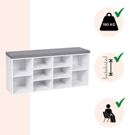 Botník s čalúnenou lavicou GABI, 10 priehradiek, 104x30x48cm, šedá/biela