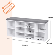 Botník s čalúnenou lavicou GABI, 10 priehradiek, 104x30x48cm, šedá/biela