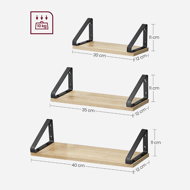 Nástenné konzolové police ABBY, 3ks, 30/35/40x12cm, čierna/ bledá hnedá